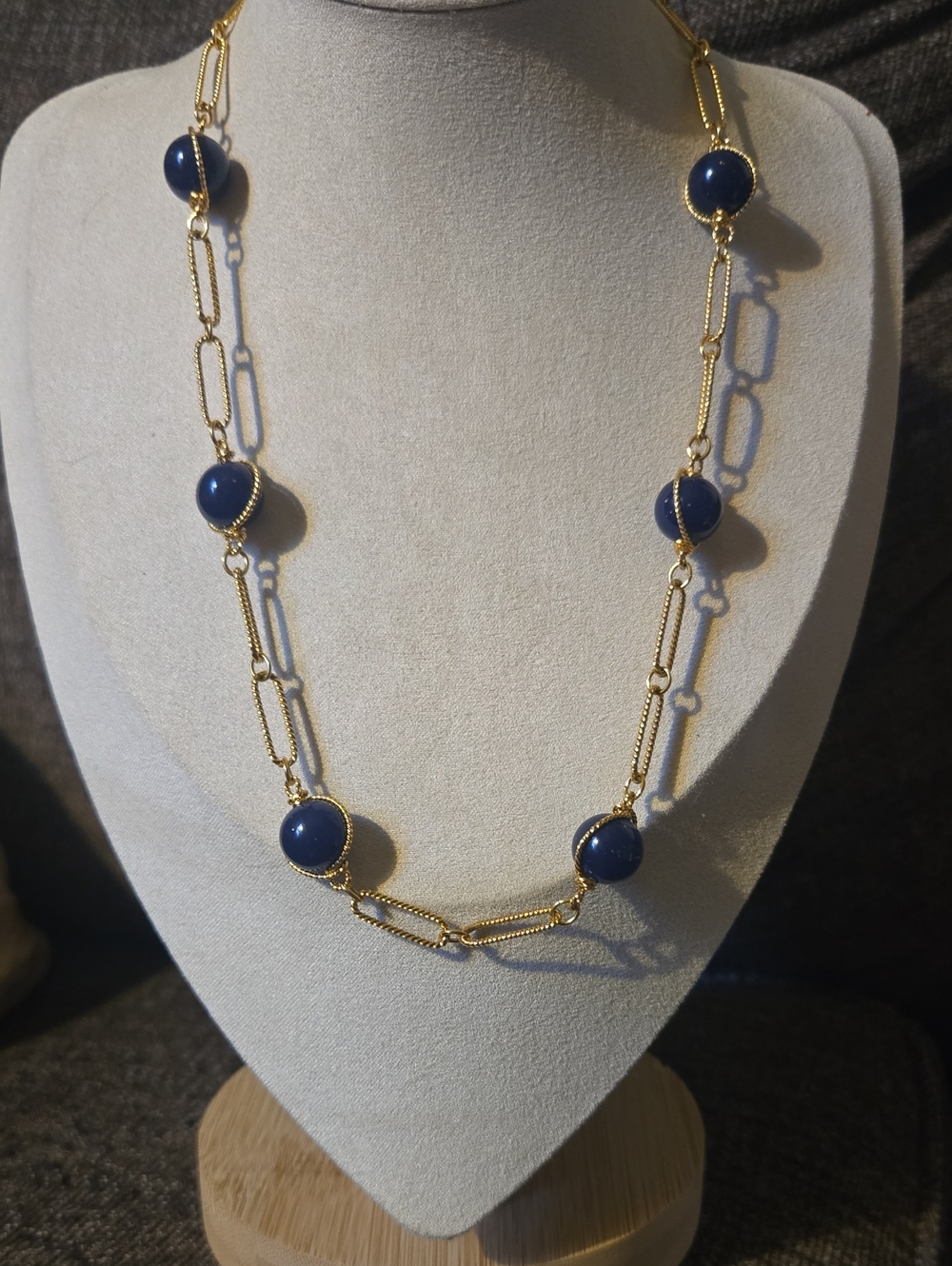 Vintage Gold Chain Necklace with Navy Blue Beads 💫